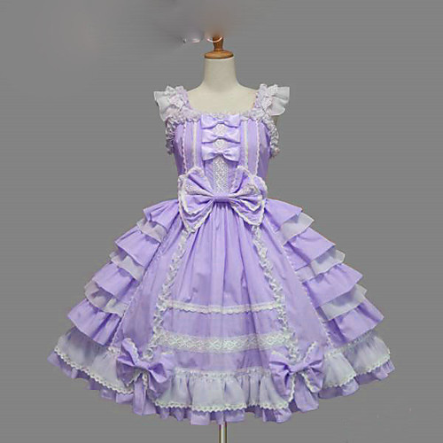 

Princess Sweet Lolita Vacation Dress Summer Dress JSK / Jumper Skirt Women's Girls' Cotton Japanese Cosplay Costumes Plus Size Customized Purple / Yellow / Blue Ball Gown Solid Colored Bowknot Cap