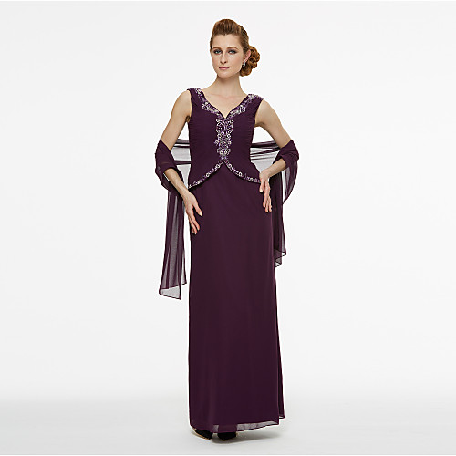 

Sheath / Column Mother of the Bride Dress Wrap Included V Neck Ankle Length Chiffon Sleeveless with Pleats Beading 2021