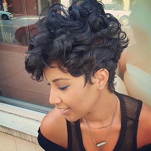 

Human Hair Blend Wig Short Curly Pixie Cut Short Hairstyles 2020 With Bangs Berry Curly Short Black Side Part African American Wig DIY-Prevailing-Comfortable Machine Made Women's Natural Black #1B