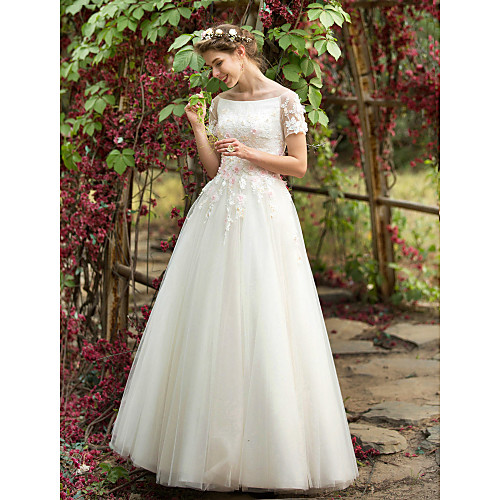 

A-Line Wedding Dresses Bateau Neck Floor Length Tulle Short Sleeve with Beading Appliques Flower 2021