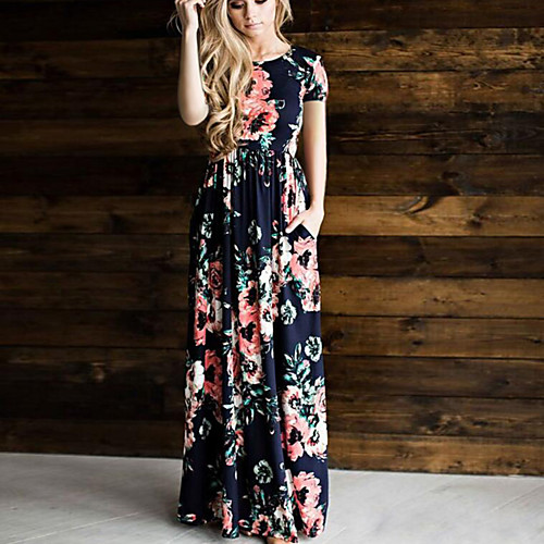 

Women's Swing Dress Maxi long Dress White Blushing Pink Green Navy Blue Short Sleeve Floral Print Summer Round Neck Floral S M L XL XXL