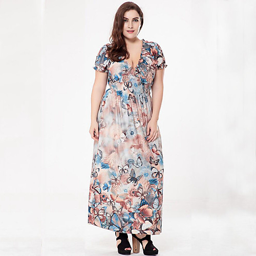 

Women's Loose Maxi long Dress Purple Fuchsia Light Blue Short Sleeve Print Fall Summer Deep V Boho L XL XXL 3XL 4XL 5XL 6XL / Plus Size / Plus Size