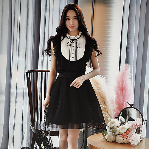 

Women's Color Block Patchwork Shirt Bow Ruffle Ruched Sleeveless Party Tops Vintage Streetwear Sophisticated Black / Pleated / Going out