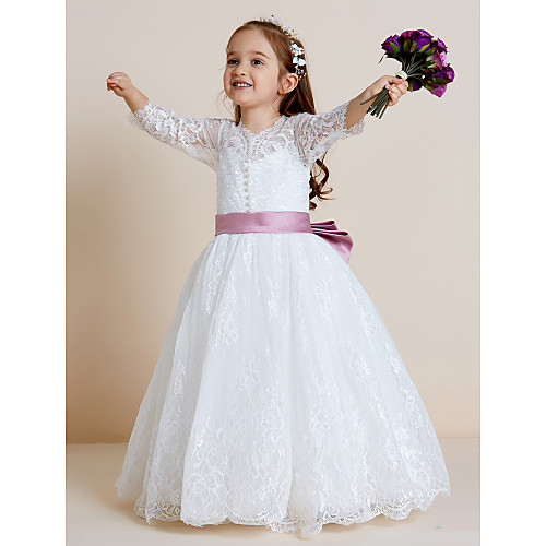 

Ball Gown Floor Length Wedding / First Communion Flower Girl Dresses - Lace / Tulle Long Sleeve V Neck with Lace / Sash / Ribbon / Bow(s)