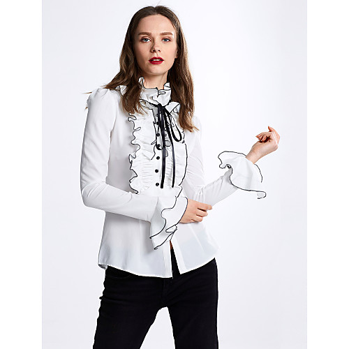 

Women's Shirt Solid Colored Ruffle Bow Long Sleeve Daily Tops White