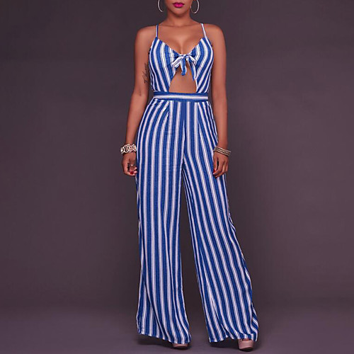

Women's Daily V Neck Fine Stripe Blue Light Blue Jumpsuit Striped
