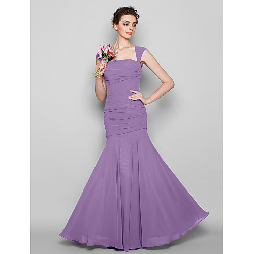 

Mermaid / Trumpet Square Neck Floor Length Chiffon Bridesmaid Dress with Ruched / Open Back