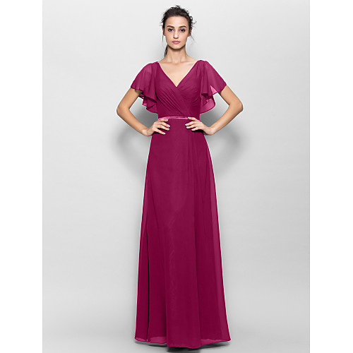 

Sheath / Column V Neck Floor Length Chiffon Bridesmaid Dress with Criss Cross