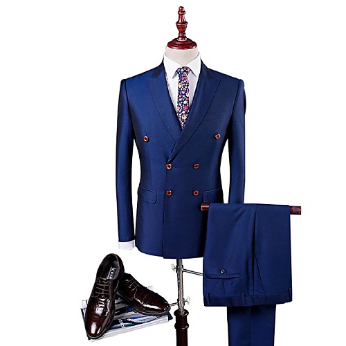 

Blue Solid Colored Slim Fit Viscose / Polyester Suit - Peak Single Breasted Four-buttons / Suits