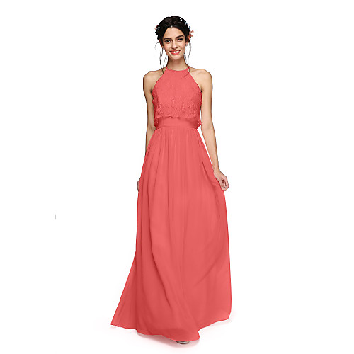 

A-Line Halter Neck Floor Length Chiffon Bridesmaid Dress with Criss Cross / Ruched