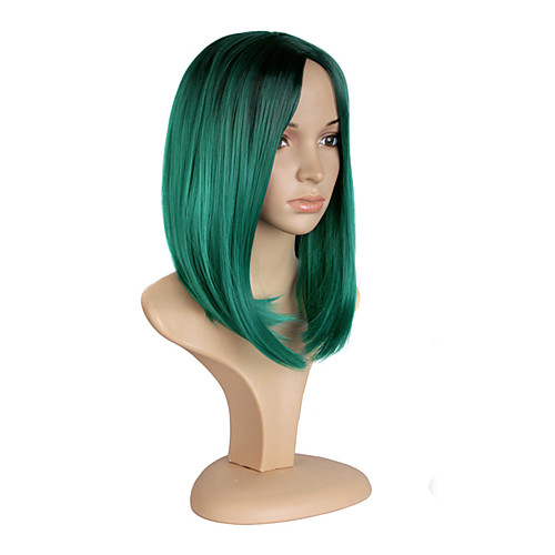

Synthetic Wig Straight Kardashian Straight Bob With Bangs Wig Medium Length Green Synthetic Hair Women's Middle Part Bob Ombre Hair Dark Roots Black