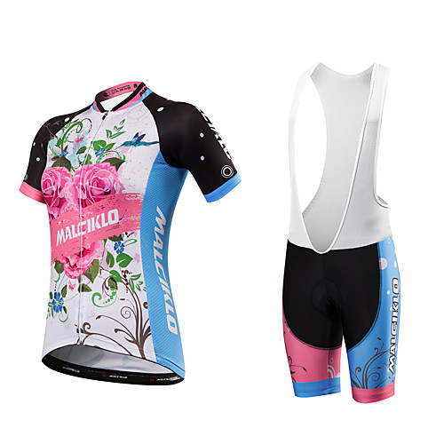 

Malciklo Women's Short Sleeve Cycling Jersey with Bib Shorts Coolmax Spandex Lycra WhiteSky Blue Floral Botanical Plus Size Bike Clothing Suit Breathable Quick Dry Anatomic Design Reflective Strips