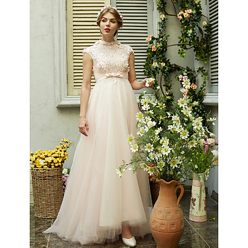 

A-Line Wedding Dresses High Neck Sweep / Brush Train Tulle Short Sleeve Open Back with Bowknot Sash / Ribbon Beading 2021