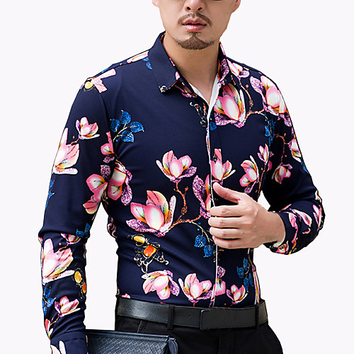 

Men's Shirt Floral Plus Size Long Sleeve Daily Tops Cotton Navy Blue
