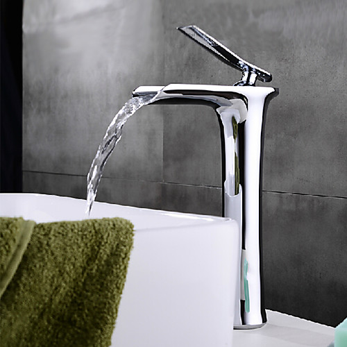 

Contemporary Modern Centerset Waterfall Ceramic Valve Single Handle One Hole Chrome, Bathroom Sink Faucet