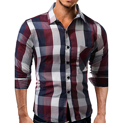 

Men's Shirt Check Long Sleeve Daily Tops Cotton Casual Chinoiserie Red Brown