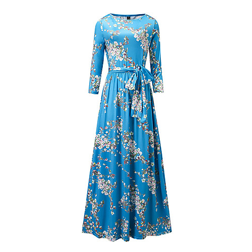 

Women's Sheath Dress Maxi long Dress Blue Long Sleeve Blue Floral Fall Spring Round Neck Streetwear Sophisticated Floral S M L XL XXL 3XL / Plus Size