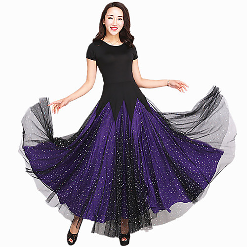 

Ballroom Dance Dress Splicing Women's Performance Short Sleeves Spandex Tulle