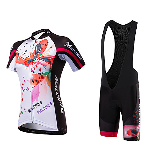 

Malciklo Women's Short Sleeve Cycling Jersey with Bib Shorts White Floral Botanical Bike Clothing Suit Breathable Quick Dry Anatomic Design Ultraviolet Resistant Reflective Strips Sports Polyester