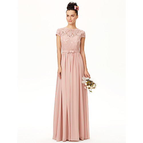

A-Line Jewel Neck Floor Length Chiffon / Corded Lace Bridesmaid Dress with Sash / Ribbon / Bow(s) / Pleats