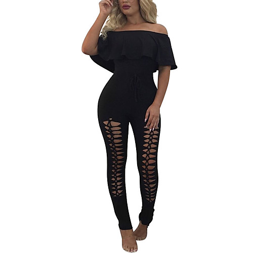 

Women's Streetwear Party Daily Club Boat Neck Off Shoulder White Black Wine Skinny Jumpsuit Solid Color Fashion Ruffle Holiday Ripped / Sexy