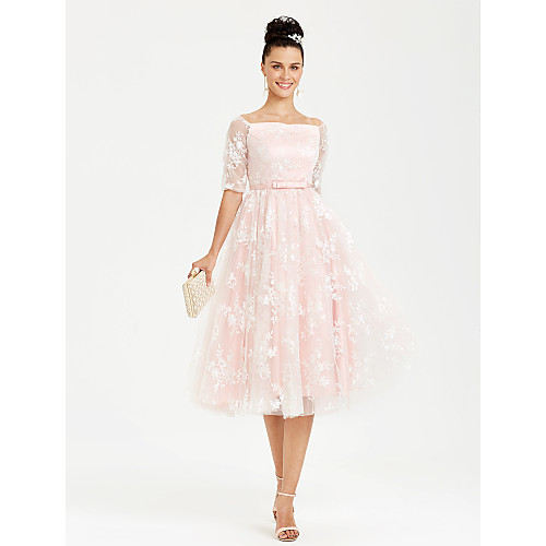 

Ball Gown Lace Up Cocktail Party Prom Dress Bateau Neck Boat Neck Half Sleeve Tea Length Lace Satin with Sash / Ribbon Bow(s) 2021