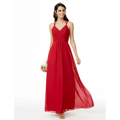 

Sheath / Column Spaghetti Strap Ankle Length Chiffon Bridesmaid Dress with Criss Cross / Pleats