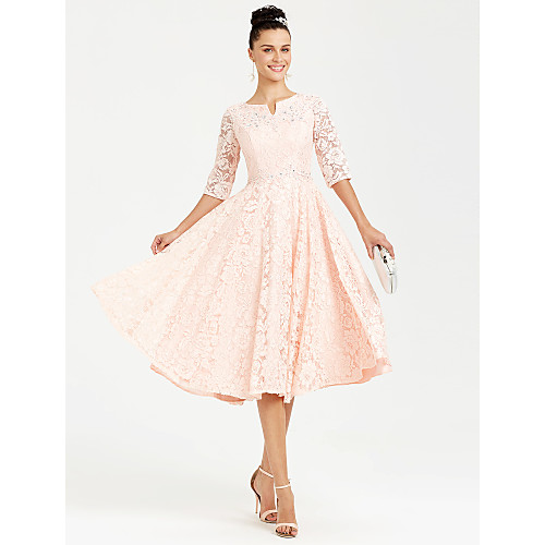 

A-Line Elegant Wedding Guest Cocktail Party Dress Jewel Neck Half Sleeve Tea Length All Over Lace with Crystals Lace Insert Appliques 2021