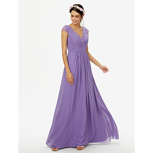 

A-Line V Neck Floor Length Chiffon / Lace Bridesmaid Dress with Lace / Criss Cross / Pleats / See Through