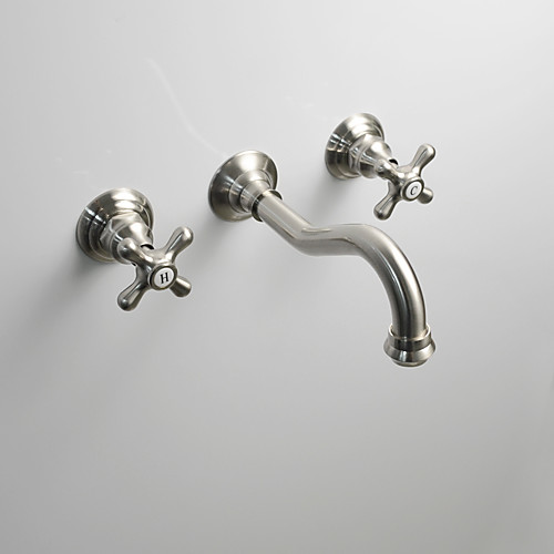 

Stainless Steel Bathroom Sink Faucet - Wall Mount Brushed Wall Mounted Two Handles Three HolesBath Taps