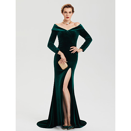 

Sheath / Column Celebrity Style Furcal Formal Evening Dress Off Shoulder Long Sleeve Sweep / Brush Train Velvet with Split 2021