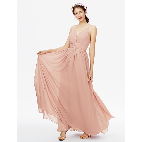 

A-Line V Neck Floor Length Chiffon Bridesmaid Dress with Sash / Ribbon / Criss Cross / Pleats / Open Back