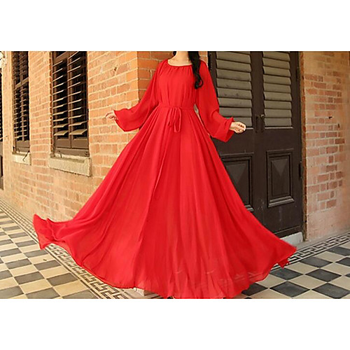 

Women's Chiffon Dress Maxi long Dress White Red Fuchsia Lilac Long Sleeve Solid Colored Stylish Spring Summer Round Neck Vintage Streetwear Cotton S M L XL