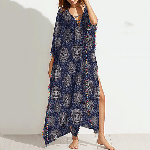 

Women's Loose Maxi long Dress Blue Tribal Print Summer V Neck Oversized Lace up M L XL XXL