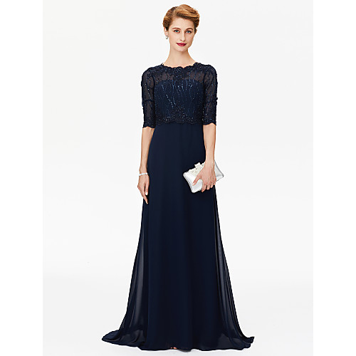 

Sheath / Column Mother of the Bride Dress Elegant Sparkle & Shine Jewel Neck Sweep / Brush Train Chiffon Beaded Lace Half Sleeve with Beading Appliques 2021