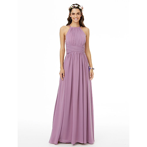 

A-Line Jewel Neck Floor Length Chiffon Bridesmaid Dress with Criss Cross / Ruched / Pleats / Open Back
