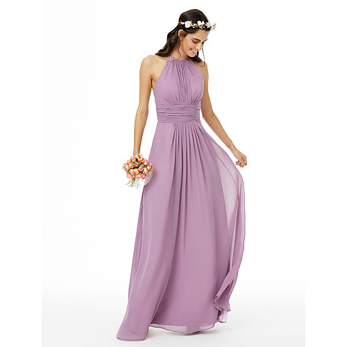 

Sheath / Column Jewel Neck Floor Length Chiffon Bridesmaid Dress with Lace / Sash / Ribbon / Pleats