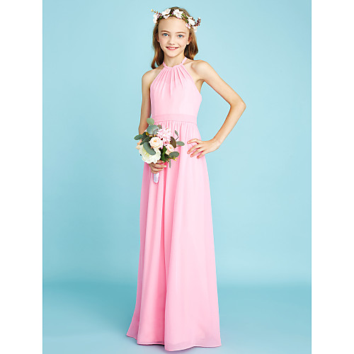 

A-Line Halter Neck Floor Length Chiffon Junior Bridesmaid Dress with Sash / Ribbon / Natural