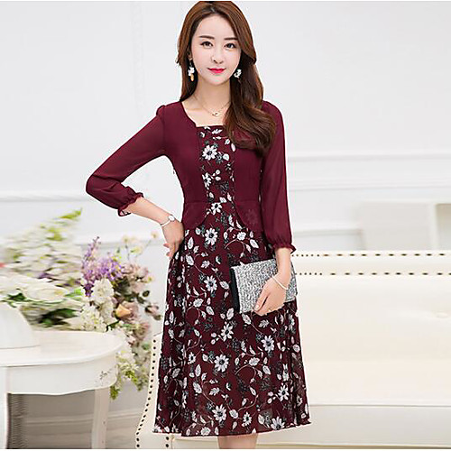 

Women's Skater Knee Length Dress Blue Wine Khaki Green Long Sleeve Geometric Summer Square Neck Cotton M L XL XXL 3XL / Plus Size