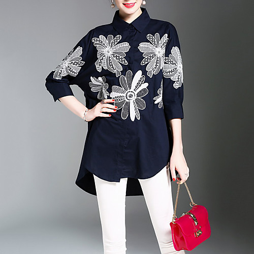 

Women's Floral Print Shirt Chinoiserie Daily Work Shirt Collar Navy Blue