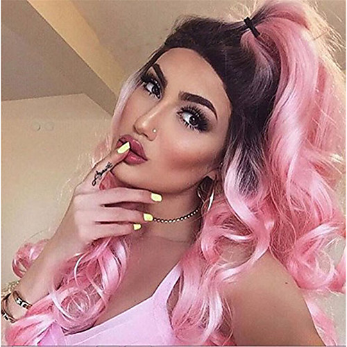 

Synthetic Wig Wavy Body Wave Kardashian Body Wave Wig Pink Long Pink Synthetic Hair Women's Ombre Hair Dark Roots Natural Hairline Pink