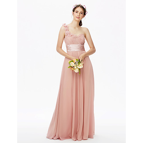 

A-Line One Shoulder Floor Length Chiffon Bridesmaid Dress with Sash / Ribbon / Criss Cross / Pleats / Open Back