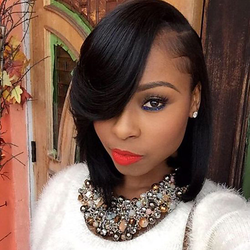

Remy Human Hair Glueless Lace Front Lace Front Wig Bob Side bangs style Brazilian Hair Straight Wig 150% Density with Baby Hair Natural Hairline African American Wig 100% Hand Tied Women's Short