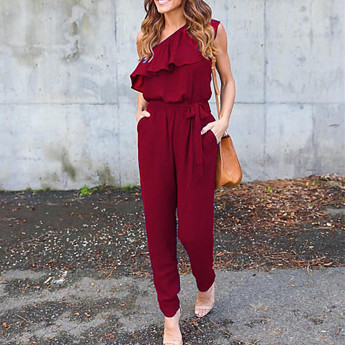

Women's Daily Going out Weekend One Shoulder Off Shoulder Black Blue Wine Jumpsuit Solid Colored Ruffle