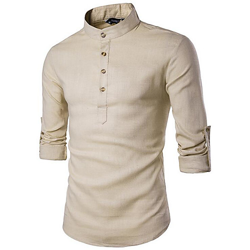 

Men's Solid Colored Basic Slim Shirt - Linen Chinoiserie Daily Standing Collar White / Black / Red / Khaki / Navy Blue / Light Blue / Long Sleeve
