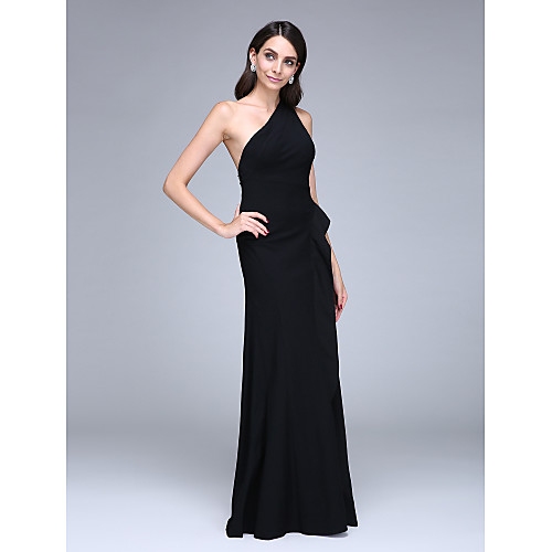 

Sheath / Column Formal Evening Dress One Shoulder Sleeveless Floor Length Satin with Ruffles 2021