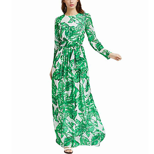 

Women's Swing Dress Maxi long Dress Green Long Sleeve Ruched Print Spring Summer Round Neck Streetwear Boho Floral XS S M L XL XXL