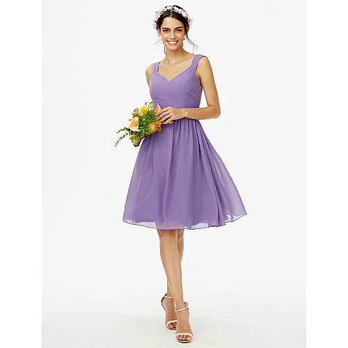

A-Line Straps Knee Length Chiffon Bridesmaid Dress with Sash / Ribbon / Bow(s) / Criss Cross / Open Back