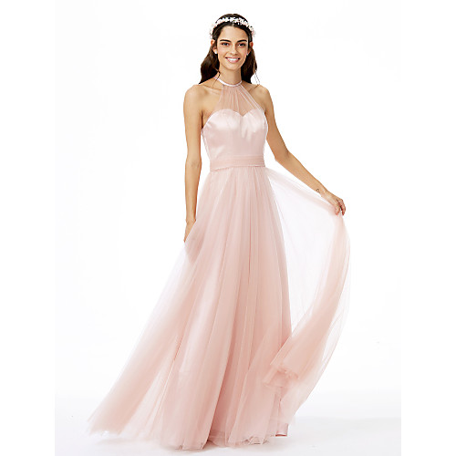 

A-Line Jewel Neck Floor Length Tulle Bridesmaid Dress with Sash / Ribbon / Pleats / See Through