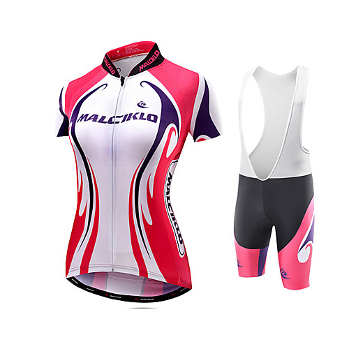 

Malciklo Women's Short Sleeve Cycling Jersey with Bib Shorts White Bike Jersey Tights Bib Tights Breathable Quick Dry Reflective Strips Back Pocket Sports Polyester Coolmax Lycra Curve Mountain Bike